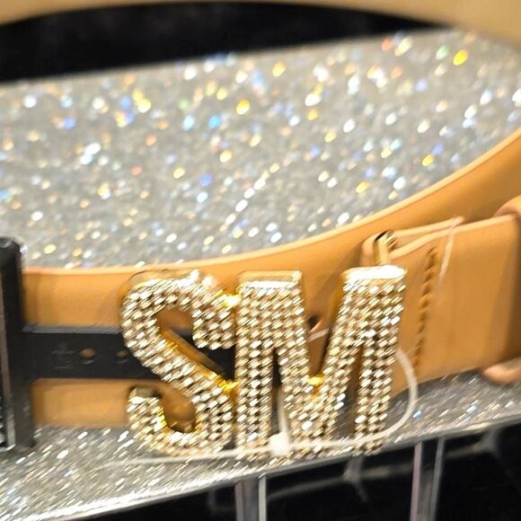 Steve Madden SM Rhinestone Logo Belt- Tan main image 6